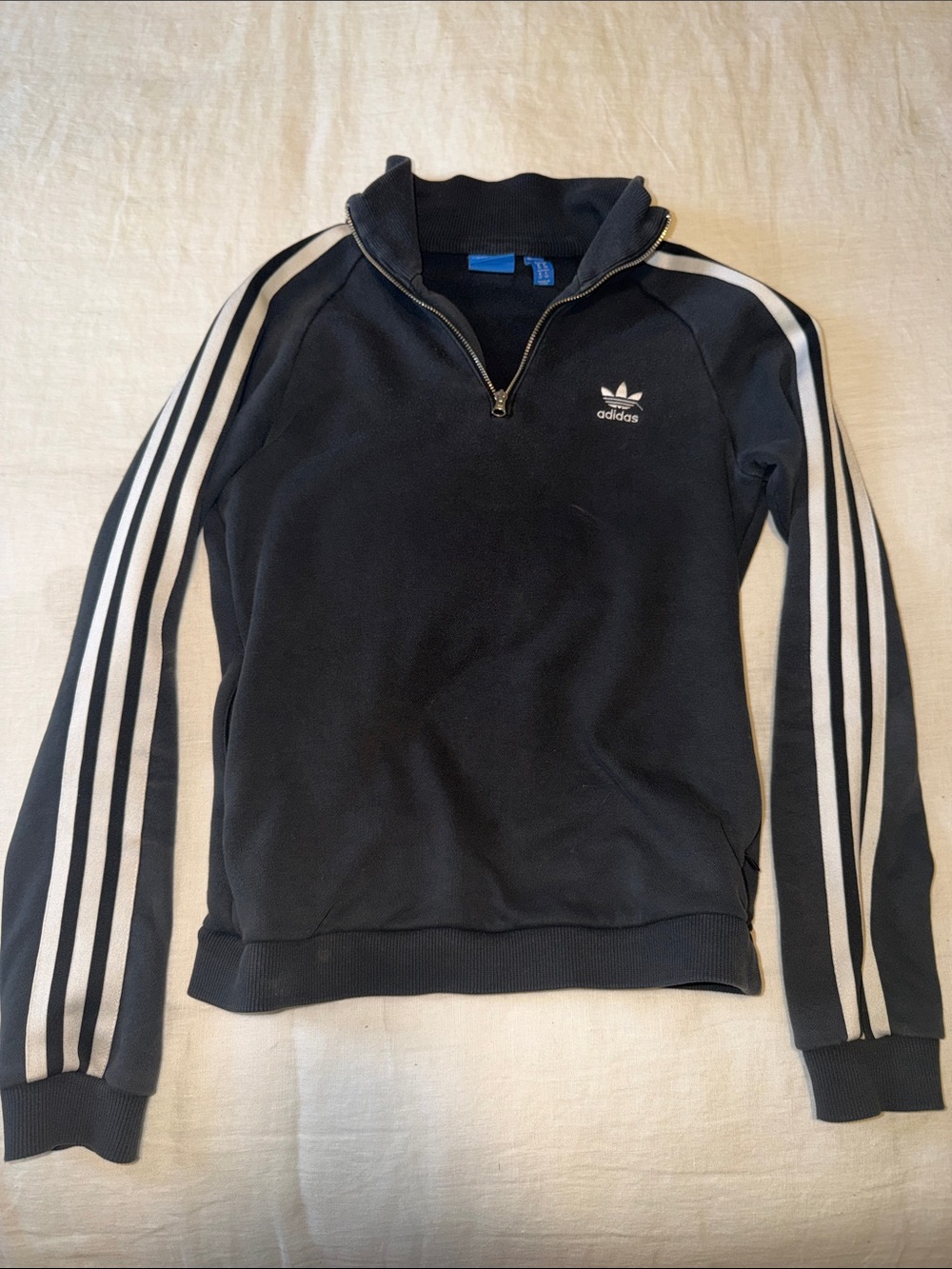 adidas Black Quarter Zip Track Sweatshirt with White Sleeve Stripes XS